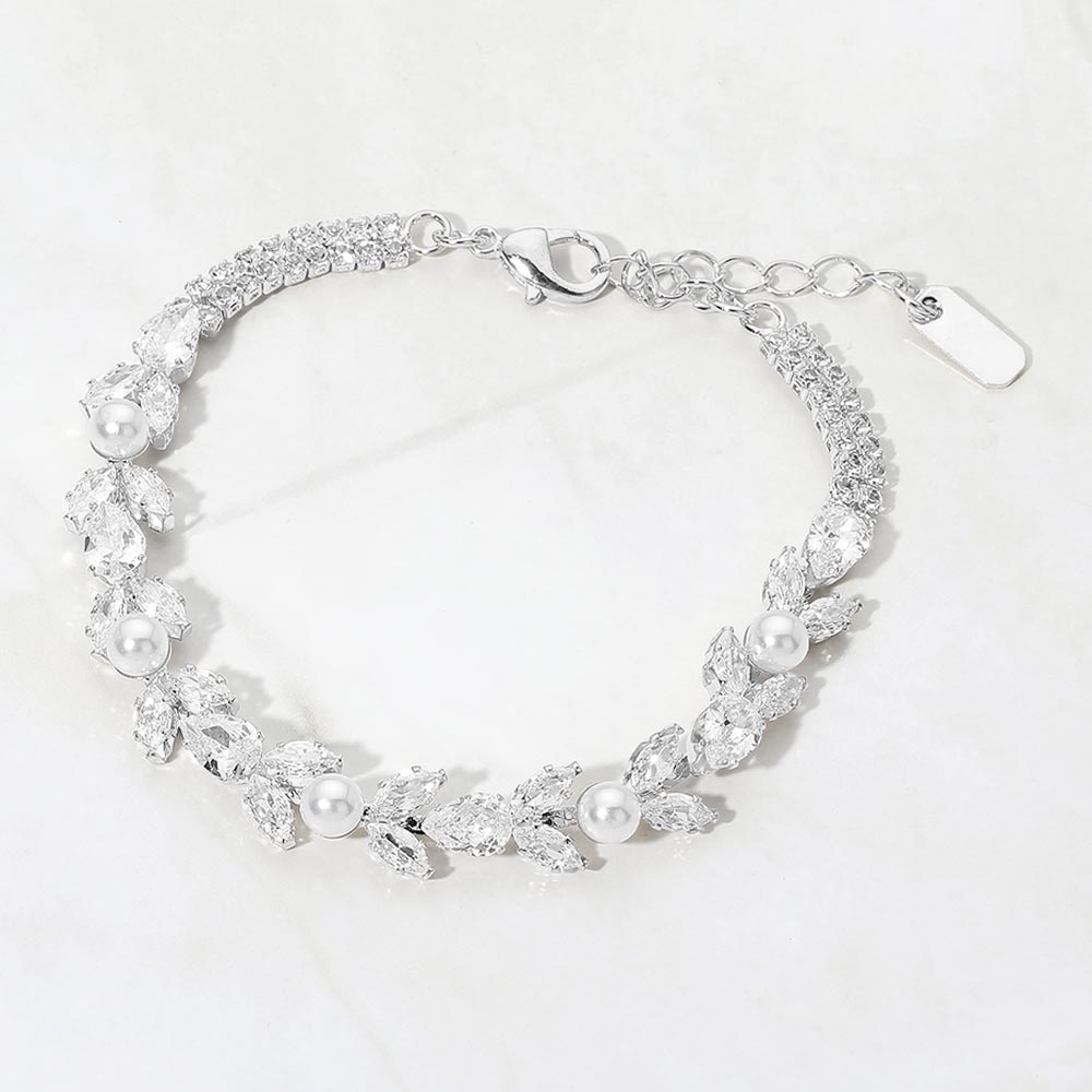 Madeline Love Silver, White Marquise CZ Cluster Pearl Vine Evening Bracelet