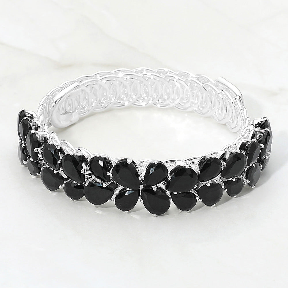 Madeline Love Black, Silver Teardrop CZ Cluster Embellished Adjustable Evening Bracelet