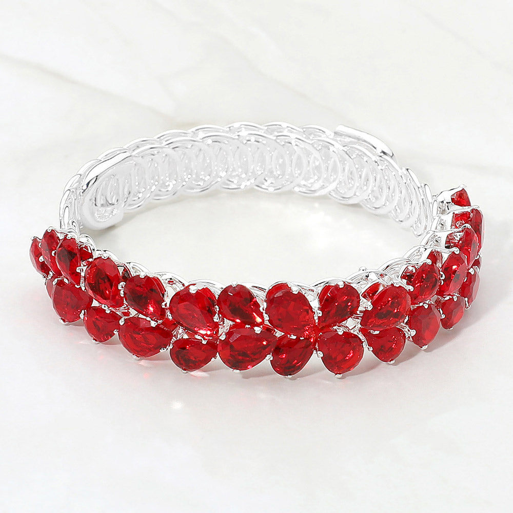 Madeline Love Red, Silver Teardrop CZ Cluster Embellished Adjustable Evening Bracelet