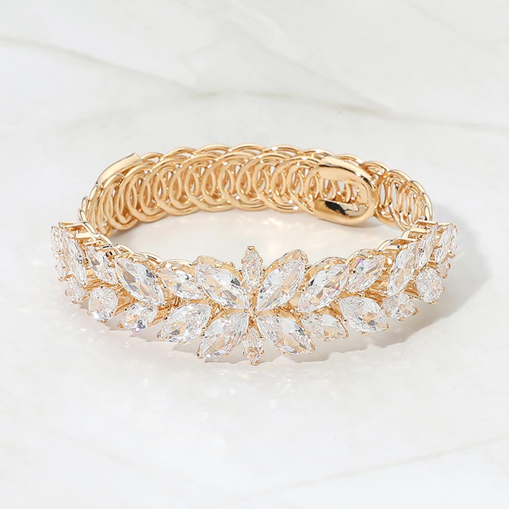 Madeline Love Clear, Gold Marquise CZ Cluster Floral Adjustable Evening Bracelet