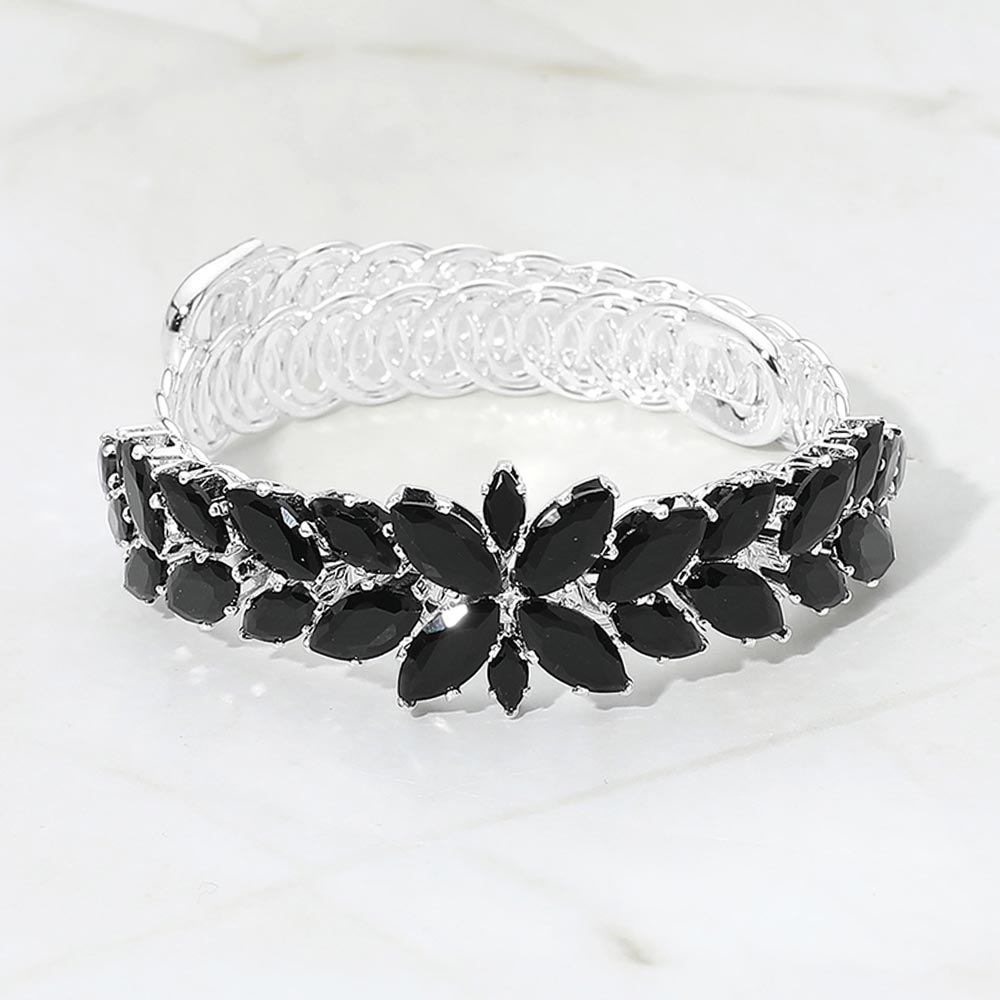 Madeline Love Black, Silver Marquise CZ Cluster Floral Adjustable Evening Bracelet