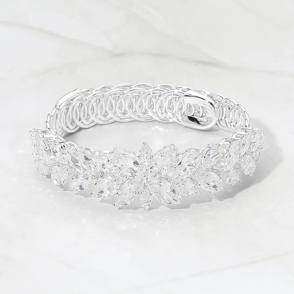 Madeline Love Clear, Silver Marquise CZ Cluster Floral Adjustable Evening Bracelet