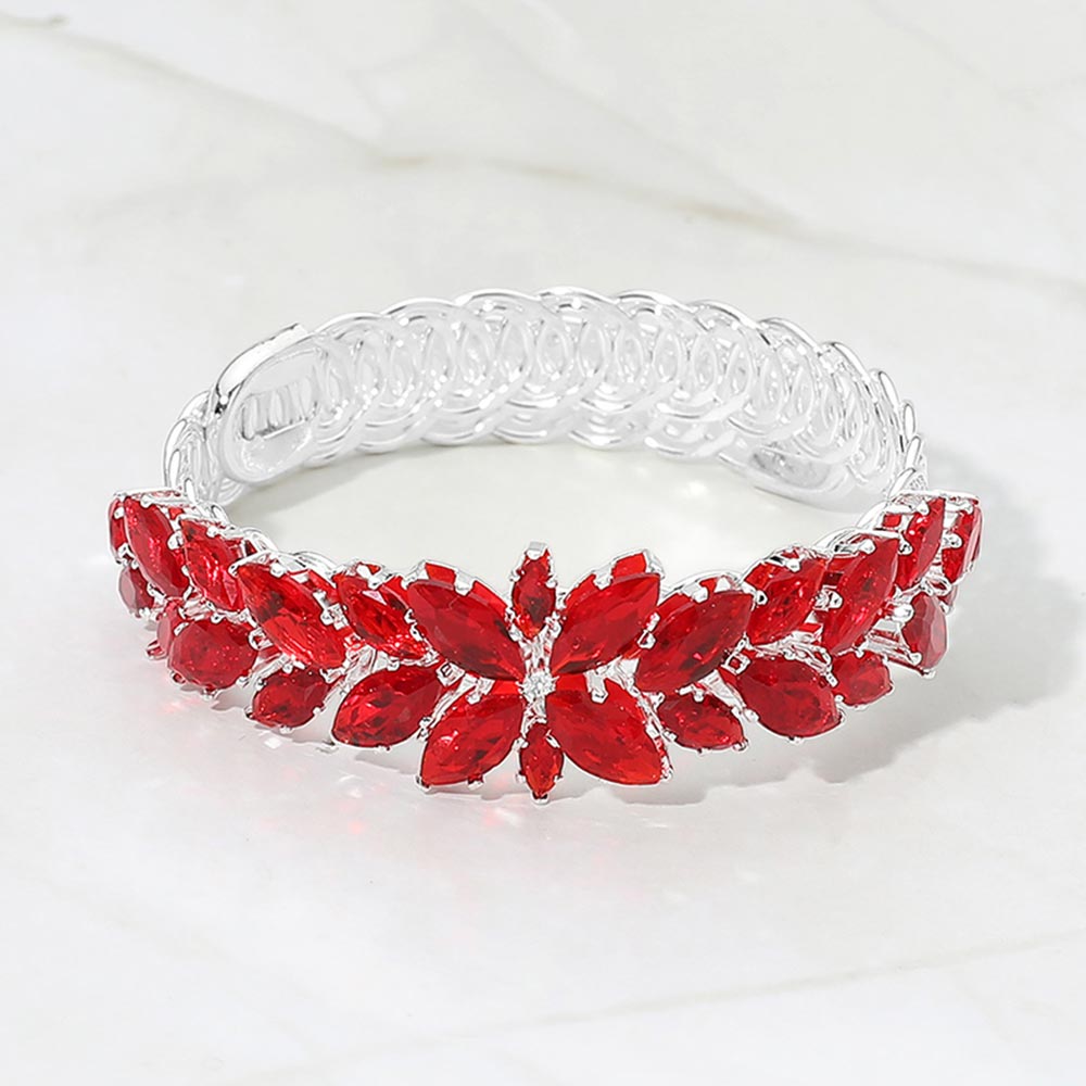Madeline Love Red, Silver Marquise CZ Cluster Floral Adjustable Evening Bracelet