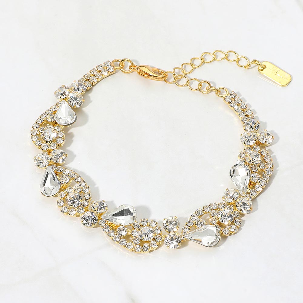 Madeline Love Clear, Gold Teardrop Stone Cluster Swirl Evening Bracelet