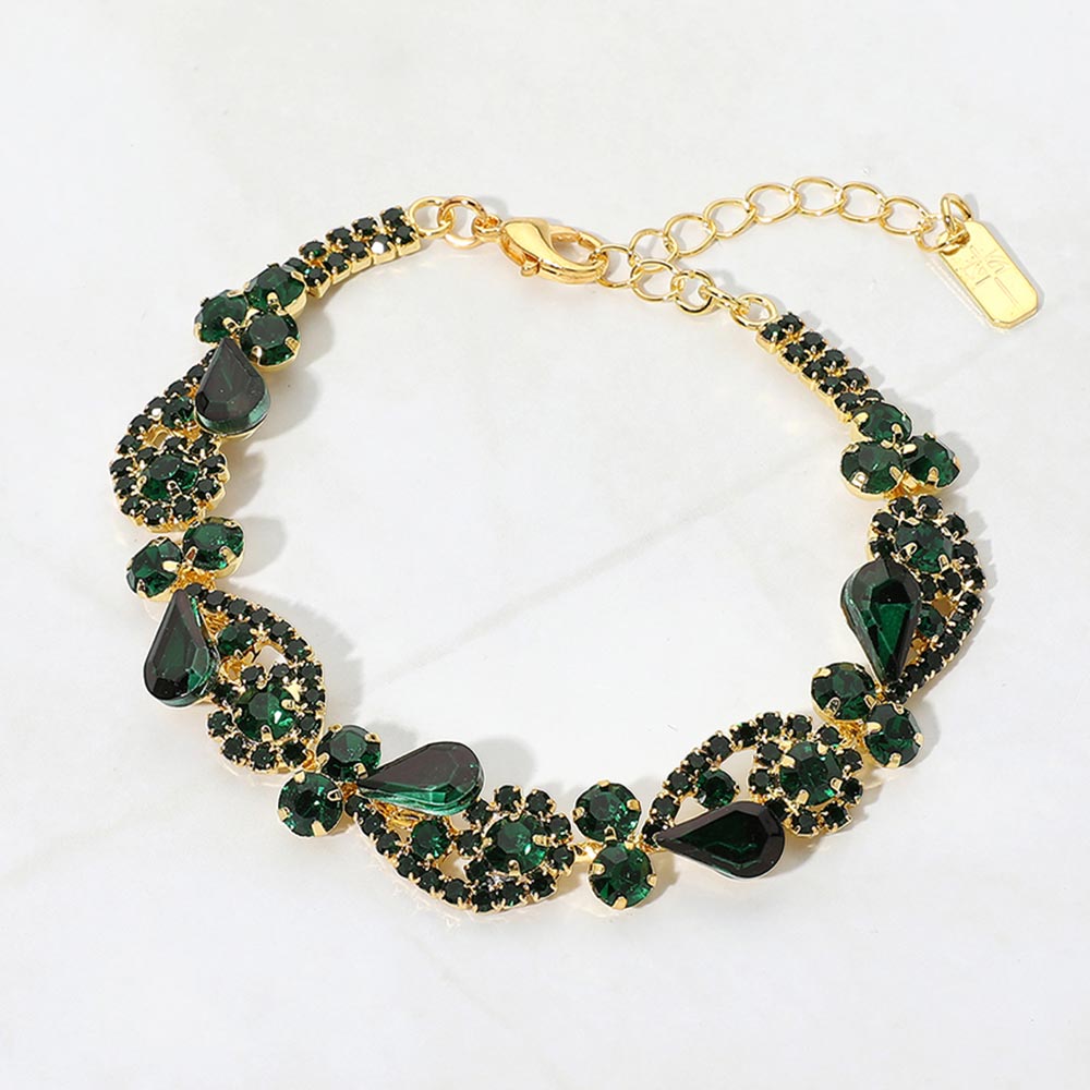 Madeline Love Emerald, Gold Teardrop Stone Cluster Swirl Evening Bracelet