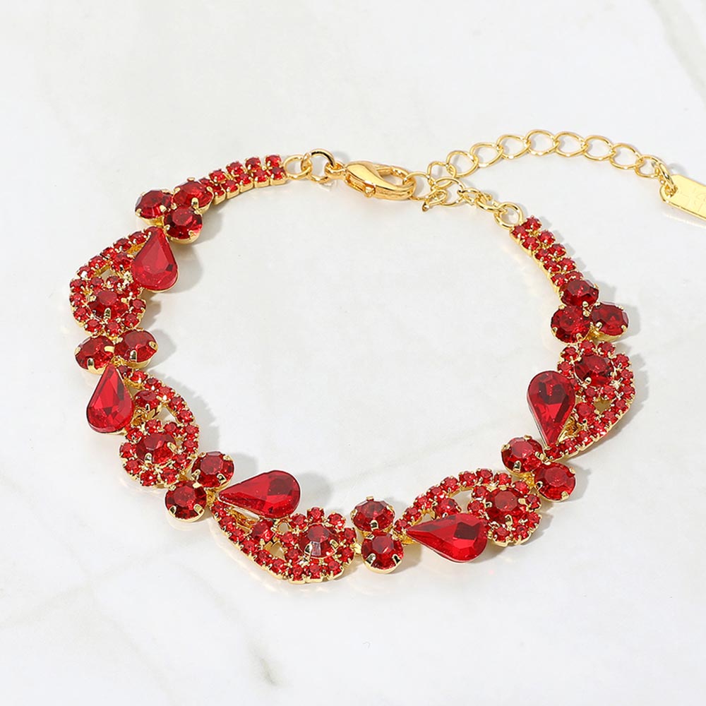 Madeline Love Gold, Red Teardrop Stone Cluster Swirl Evening Bracelet