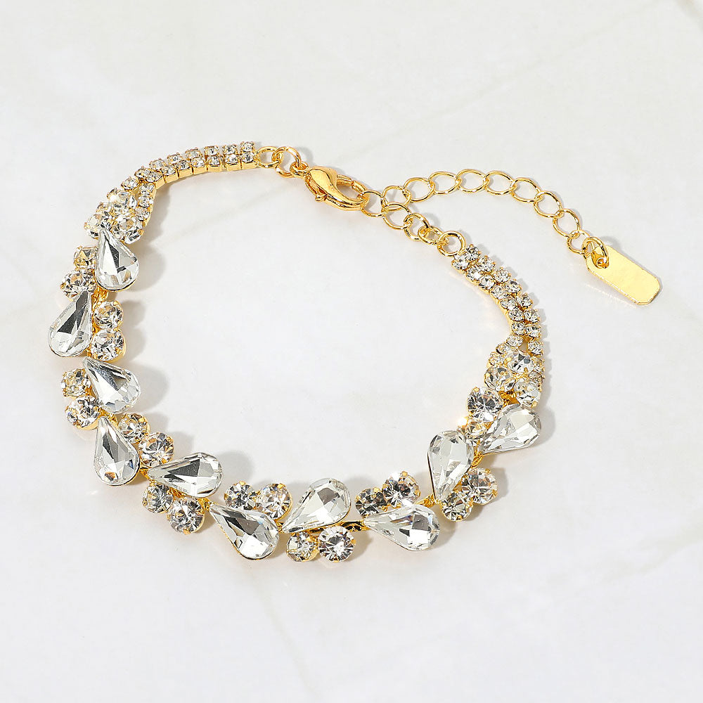 Madeline Love Clear, Gold Elegant Teardrop Round Stone Cluster Evening Bracelet