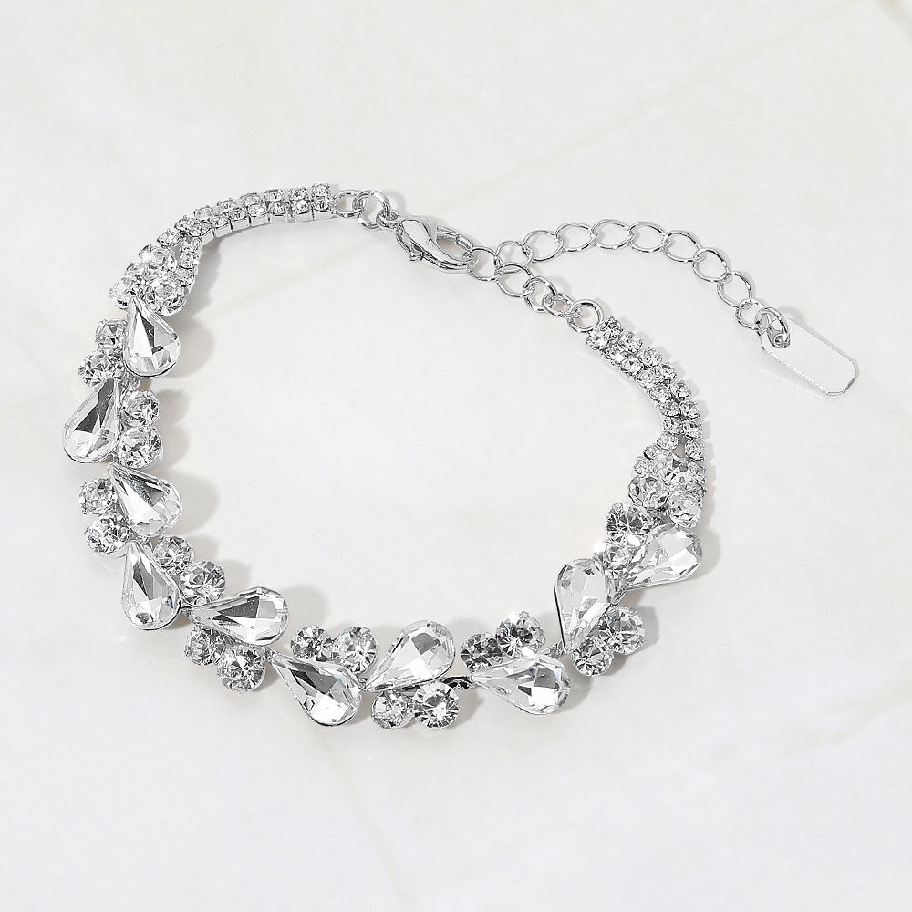 Madeline Love Clear, Silver Elegant Teardrop Round Stone Cluster Evening Bracelet