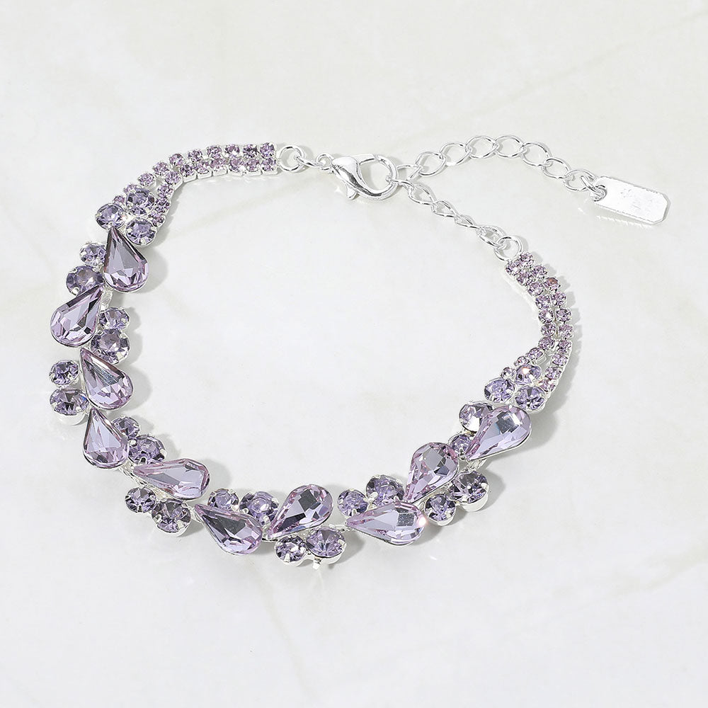 Madeline Love Amethyst , Silver Elegant Teardrop Round Stone Cluster Evening Bracelet
