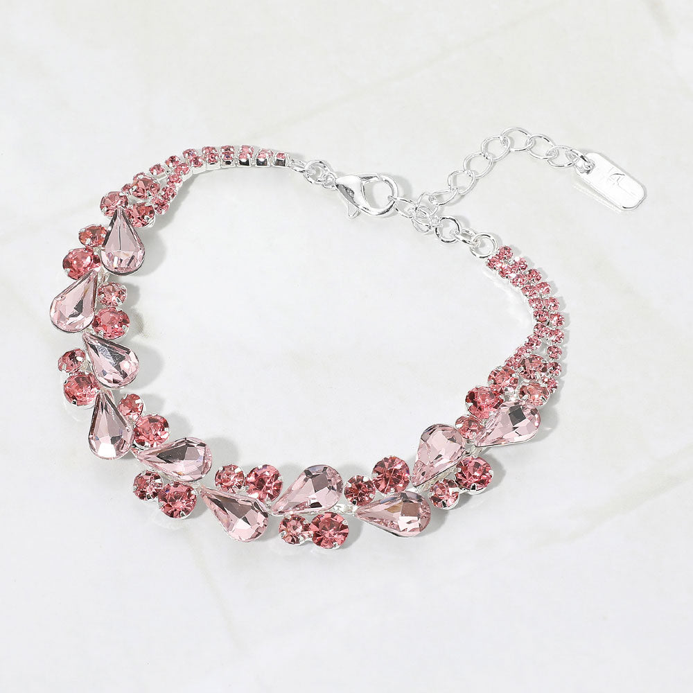 Madeline Love Lt Rose, Silver Elegant Teardrop Round Stone Cluster Evening Bracelet