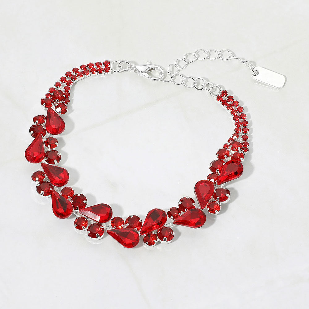 Madeline Love Red, Silver Elegant Teardrop Round Stone Cluster Evening Bracelet