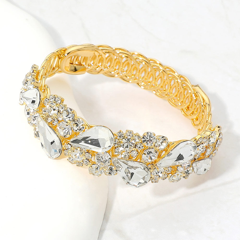 Madeline Love Clear, Gold Teardrop Cluster Embellished Adjustable Evening Bracelet