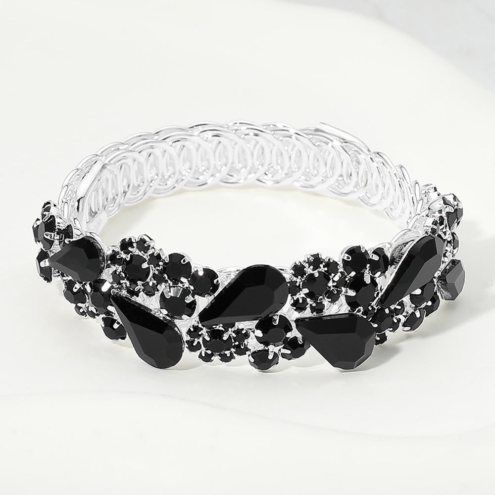 Madeline Love Black, Silver Teardrop Cluster Embellished Adjustable Evening Bracelet