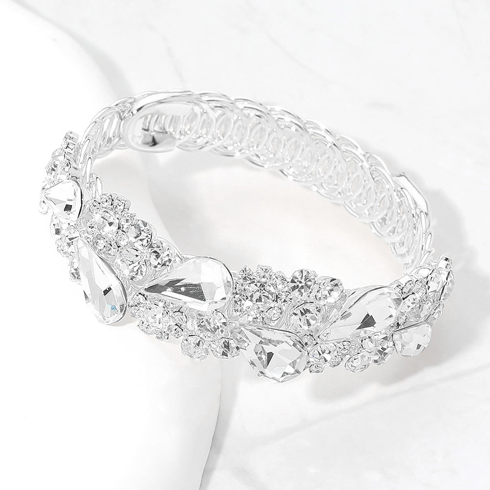 Madeline Love Clear, Silver Teardrop Cluster Embellished Adjustable Evening Bracelet