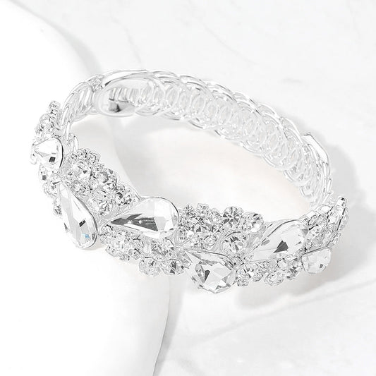Madeline Love Clear, Silver Teardrop Cluster Embellished Adjustable Evening Bracelet