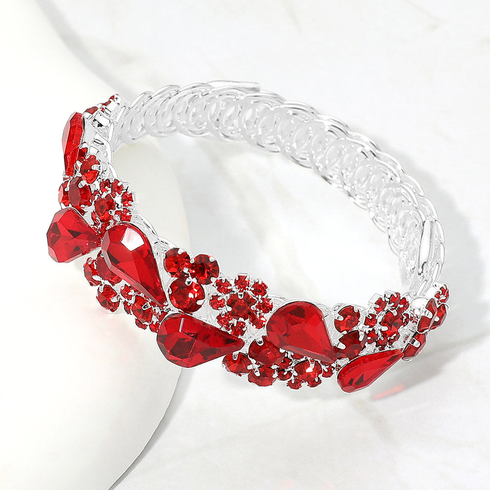 Madeline Love Red, Silver Teardrop Cluster Embellished Adjustable Evening Bracelet
