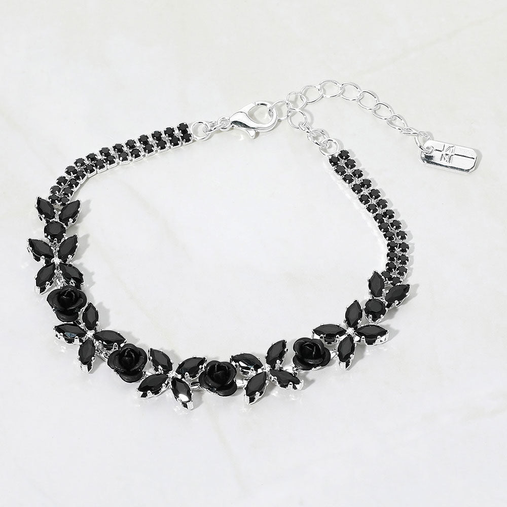 Madeline Love Black, Silver Marquise CZ Floral Cluster Rose Evening Bracelet