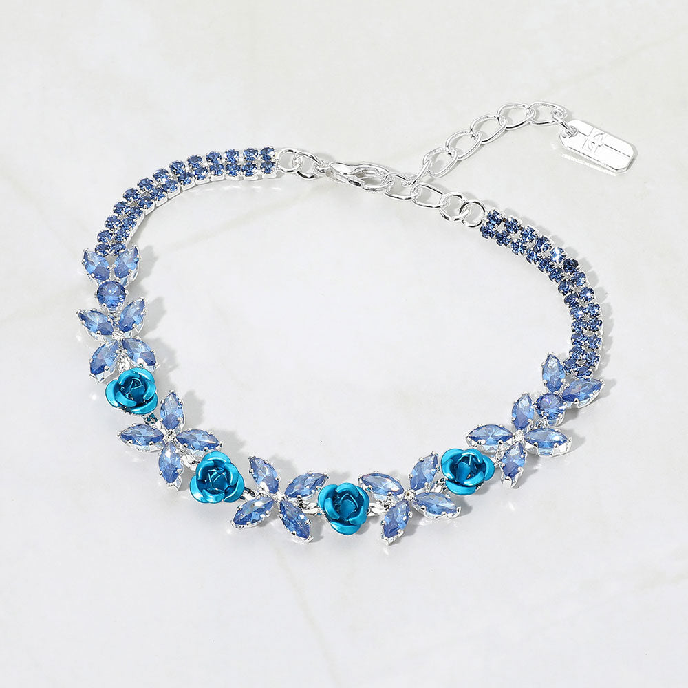 Madeline Love Blue, Silver Marquise CZ Floral Cluster Rose Evening Bracelet