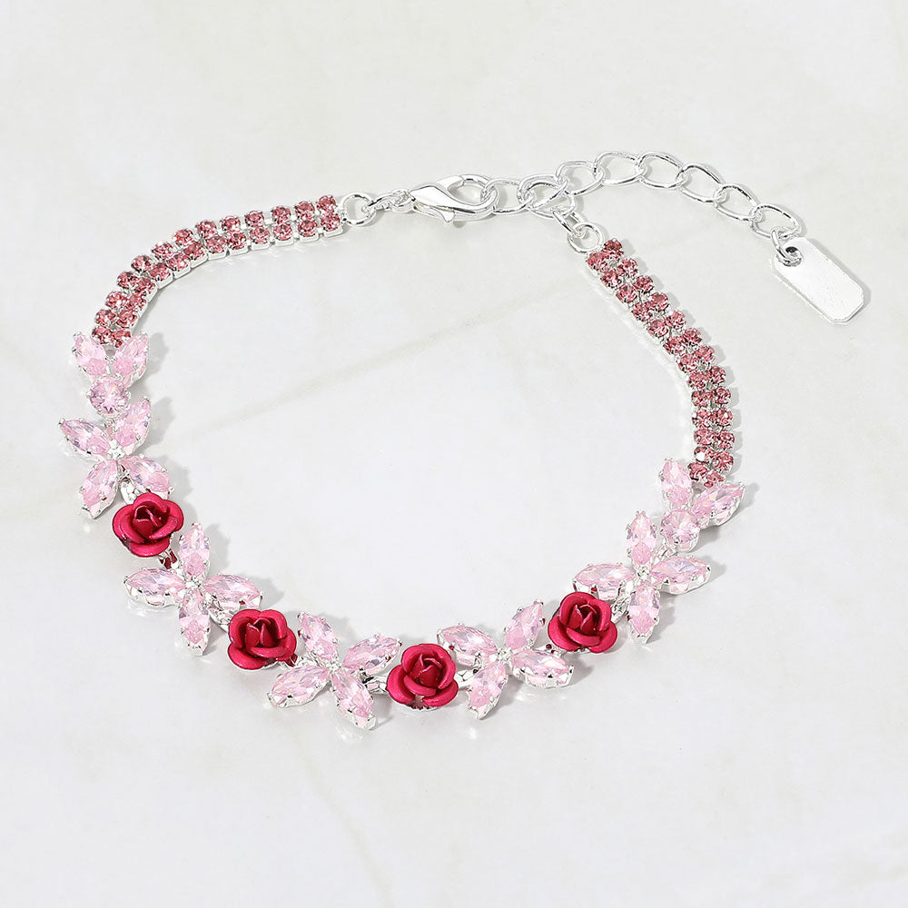 Madeline Love Lt Rose, Silver Marquise CZ Floral Cluster Rose Evening Bracelet