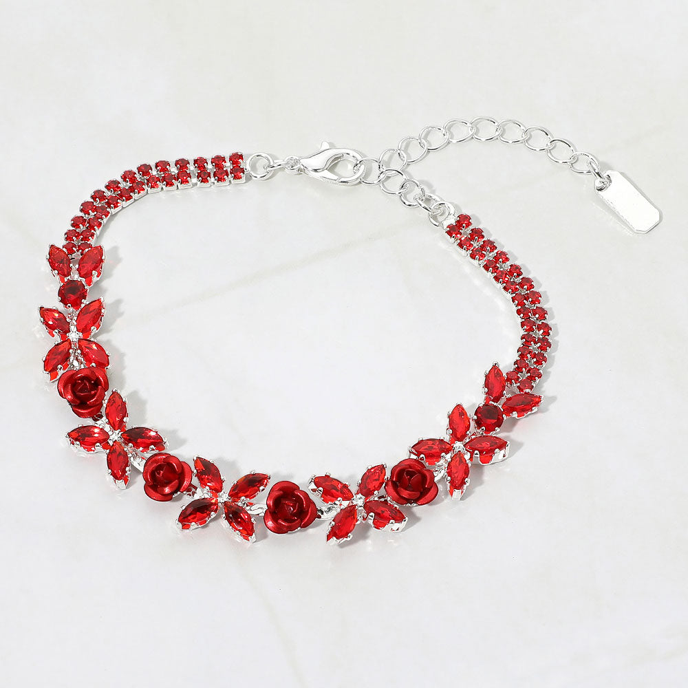 Madeline Love Red, Silver Marquise CZ Floral Cluster Rose Evening Bracelet