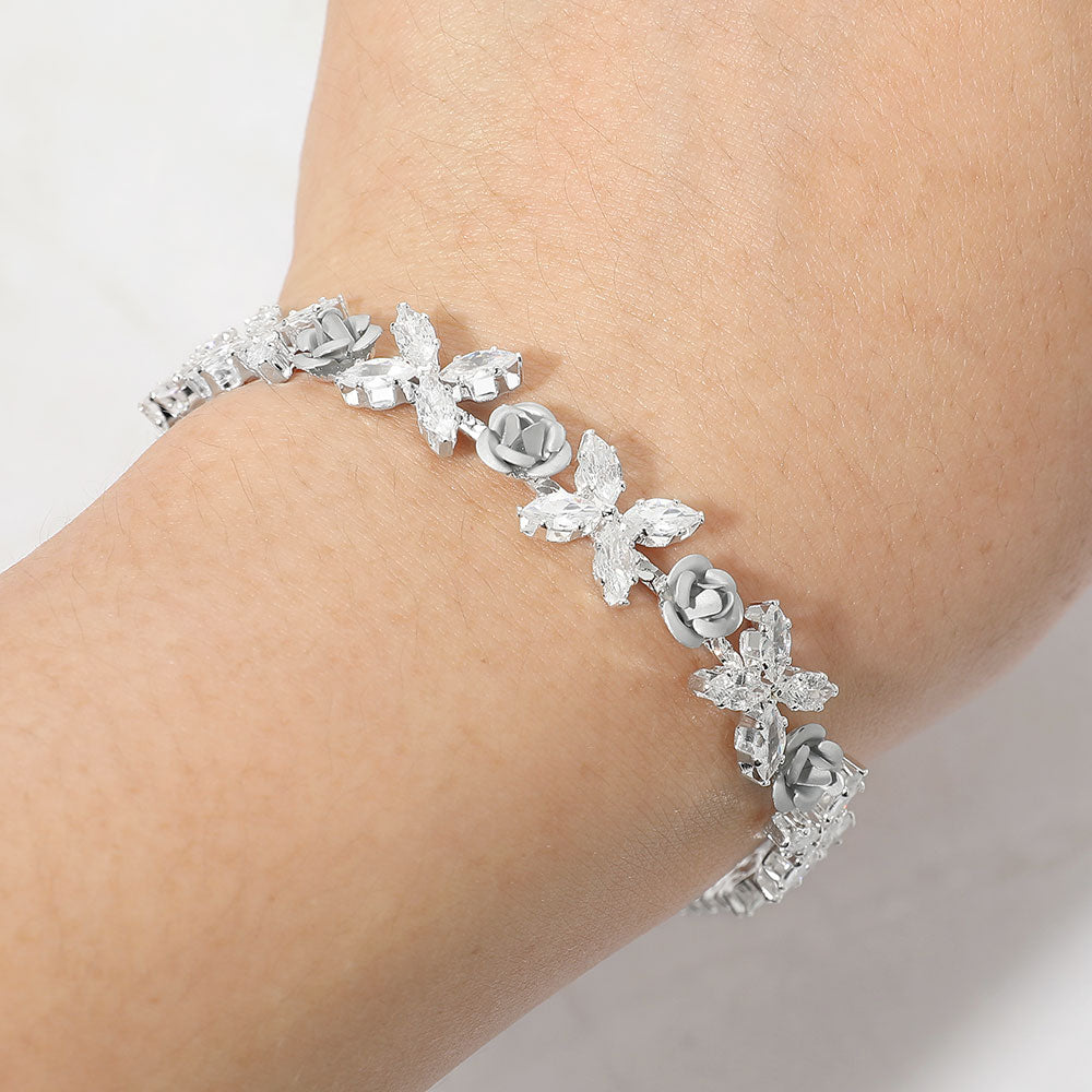 Madeline Love Silver, White Marquise CZ Floral Cluster Rose Evening Bracelet