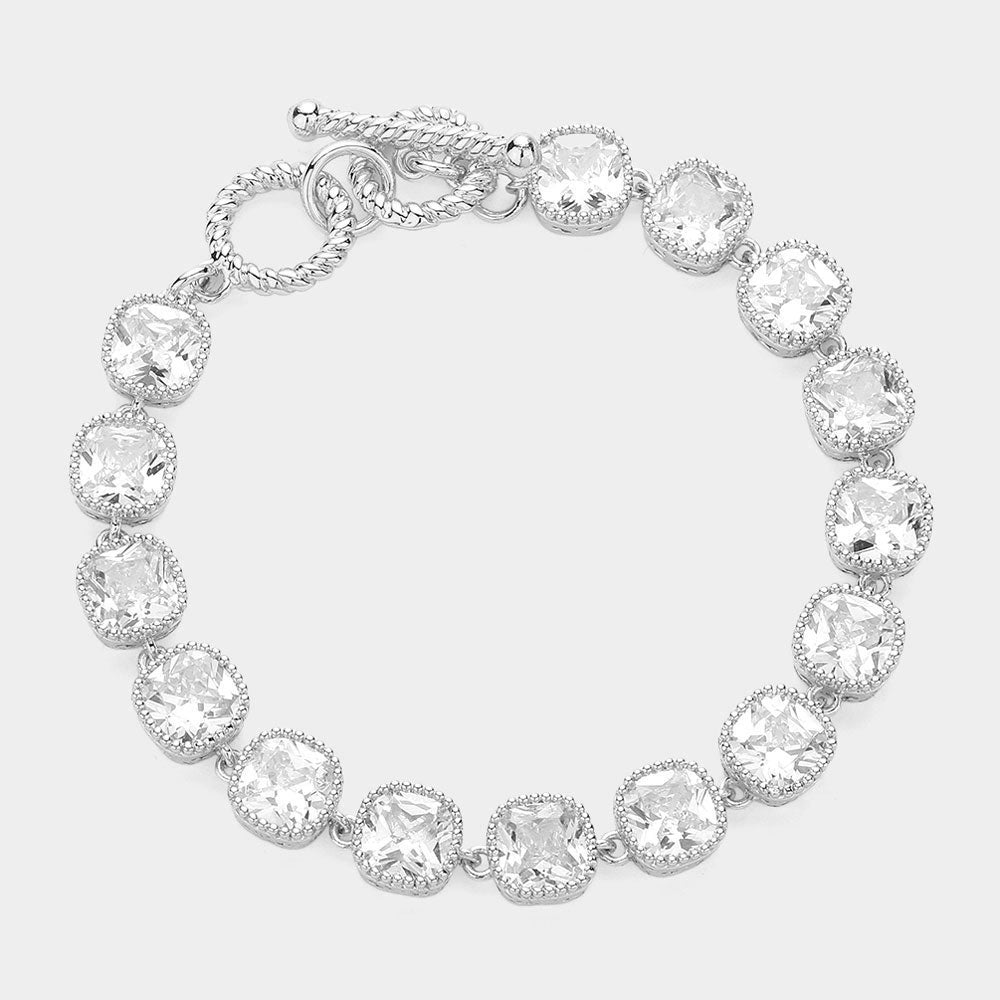Madeline Love Rhodium Square CZ Stone Link Evening Toggle Bracelet