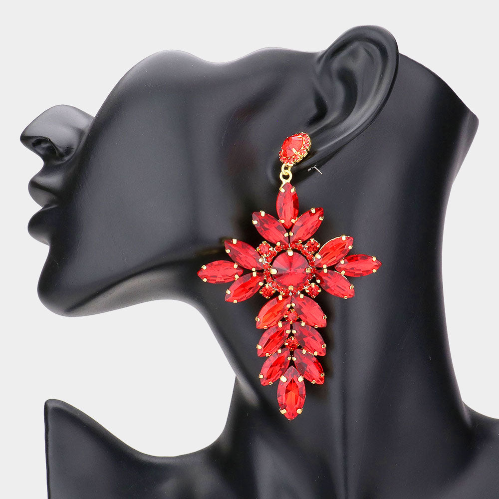 Madeline Love Gold, Red Marquise Stone Cluster Cross Dangle Evening Earrings