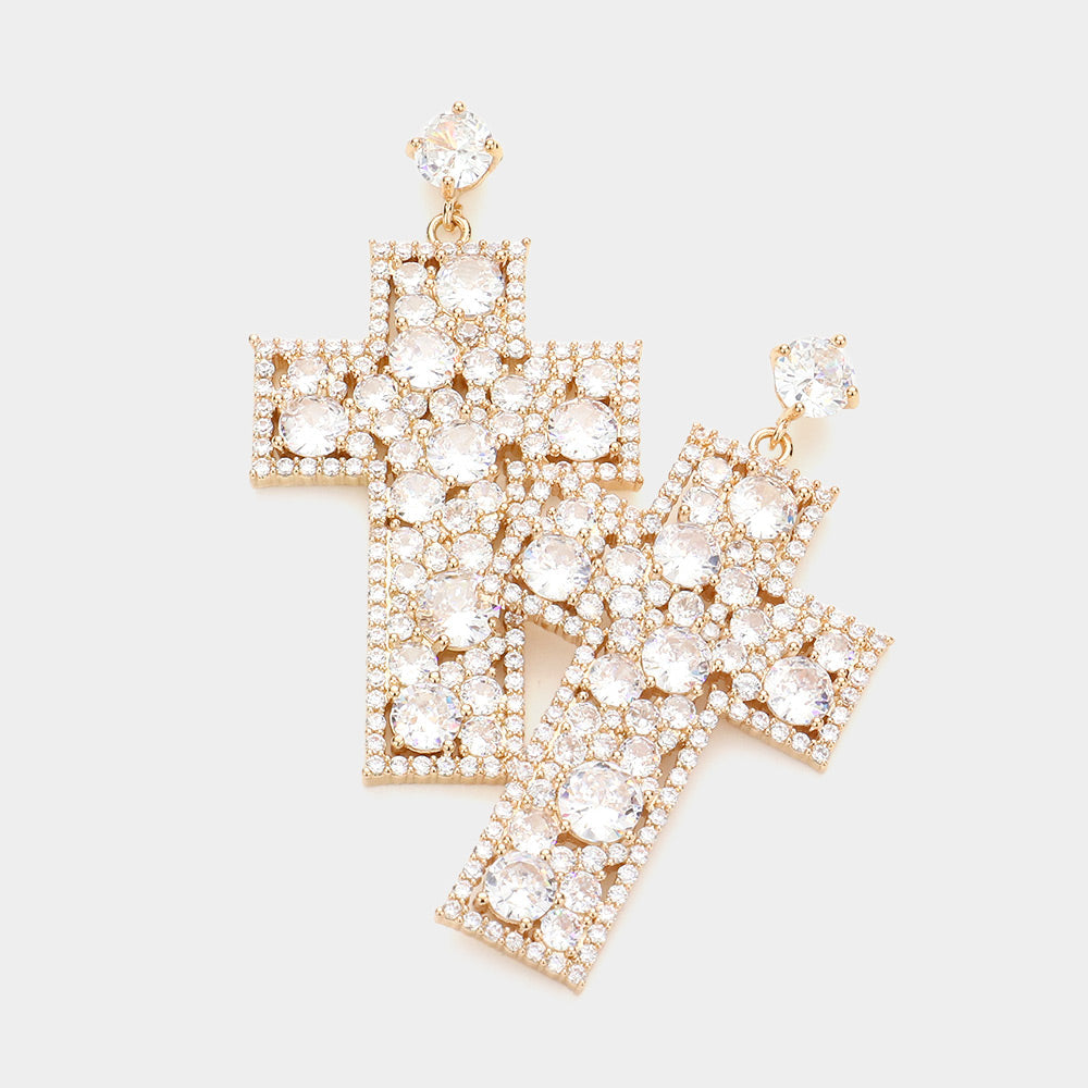 Madeline Love Gold CZ Cross Dangle Evening Earrings