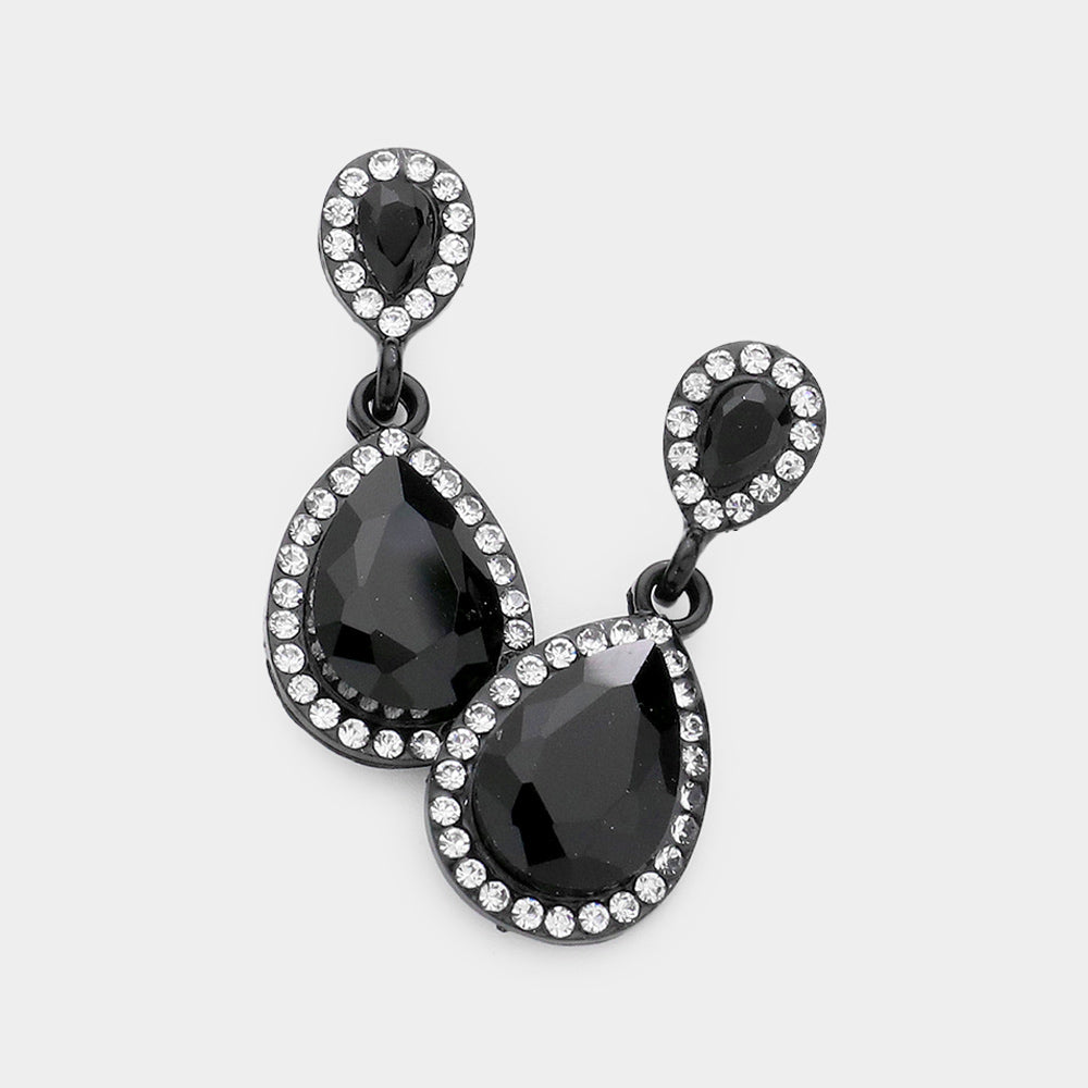 Madeline Love Jet Black Double Teardrop Stone Evening Earrings