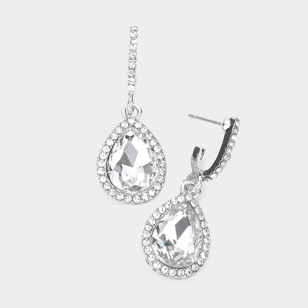 Madeline Love Silver Rhinestone Trimmed Teardrop Stone Dangle Evening Earrings