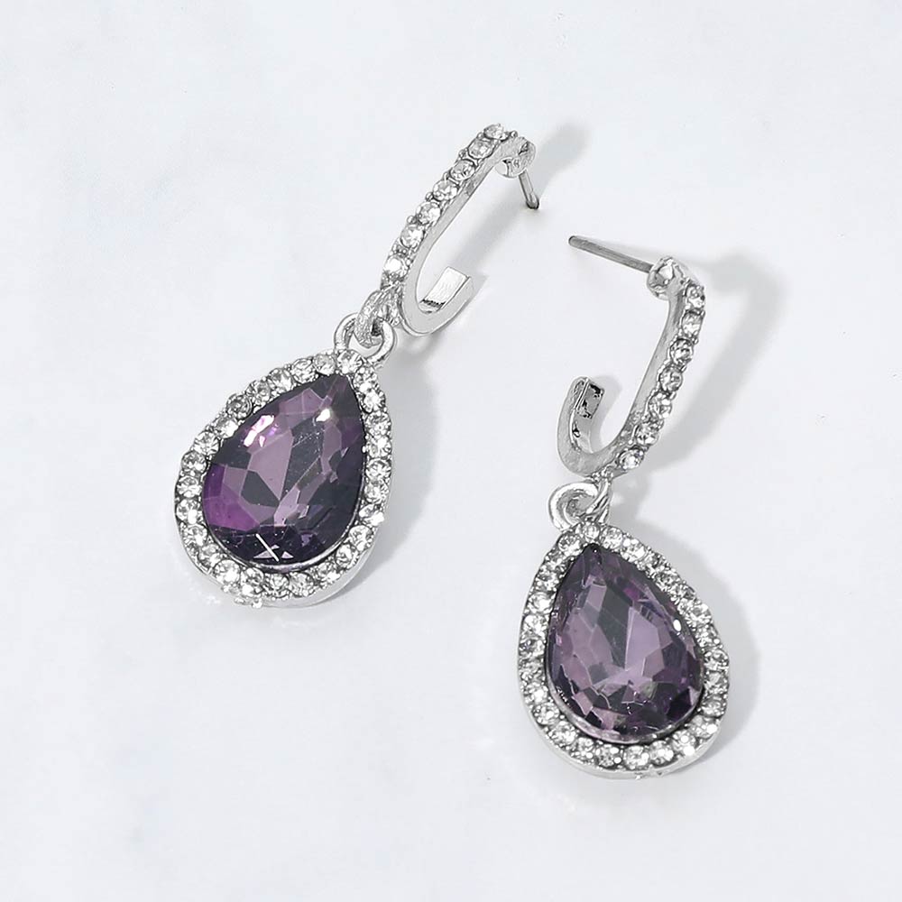 Madeline Love Purple , Silver Rhinestone Trimmed Teardrop Stone Dangle Evening Earrings