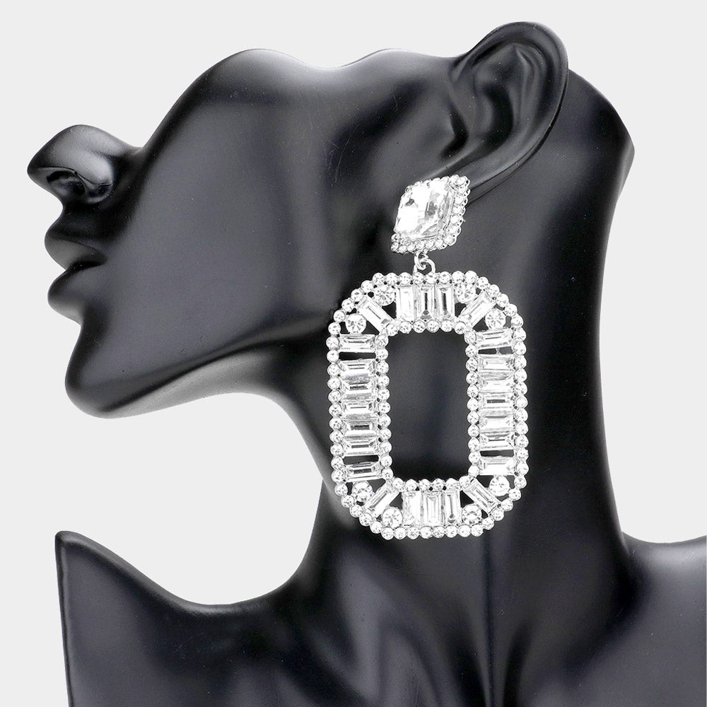 Madeline Love Silver Round Rectangle Stone Cluster Open Octagon Dangle Evening Earrings