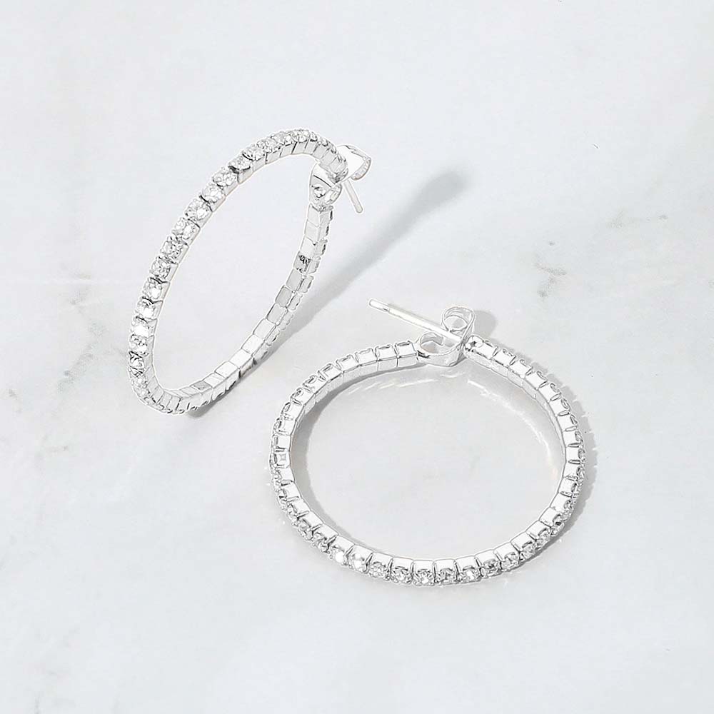 Madeline Love Clear, Silver 30mm Rhinestone Paved Hoop Earrings