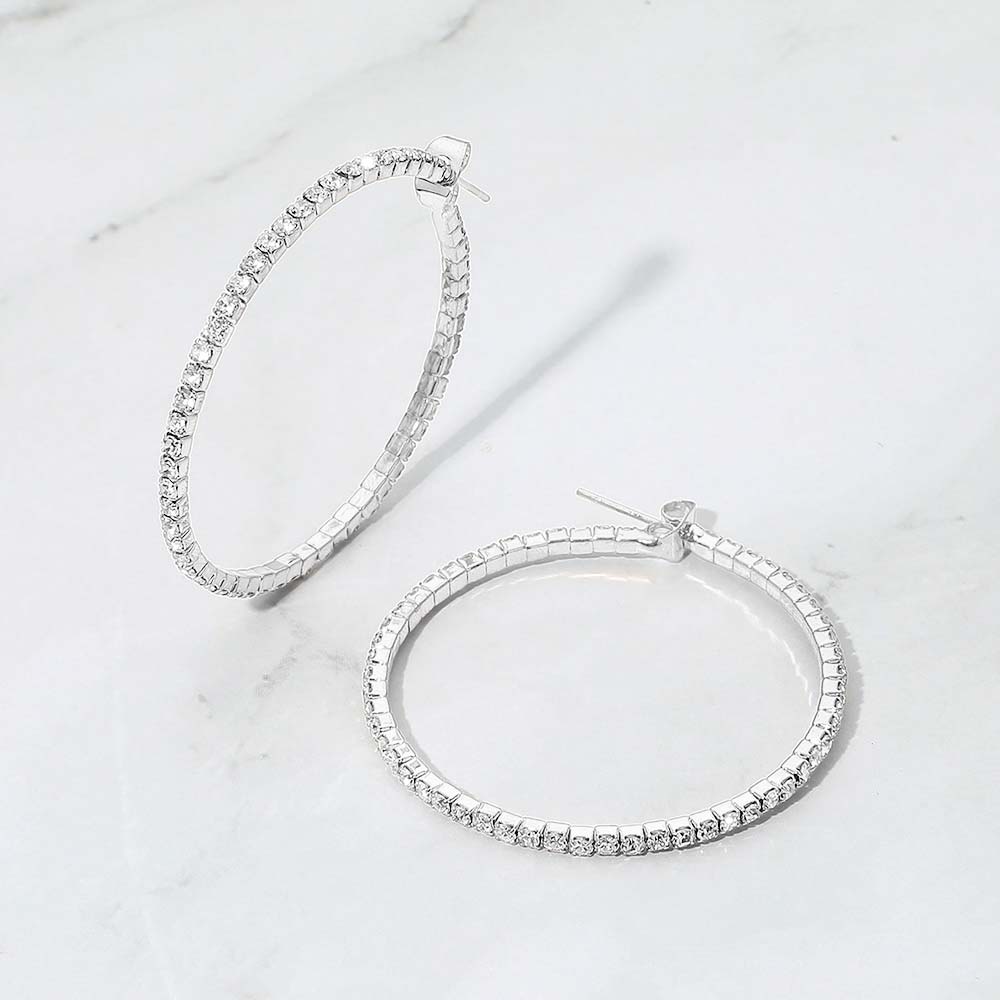 Madeline Love Clear, Silver 40mm Rhinestone Paved Hoop Earrings