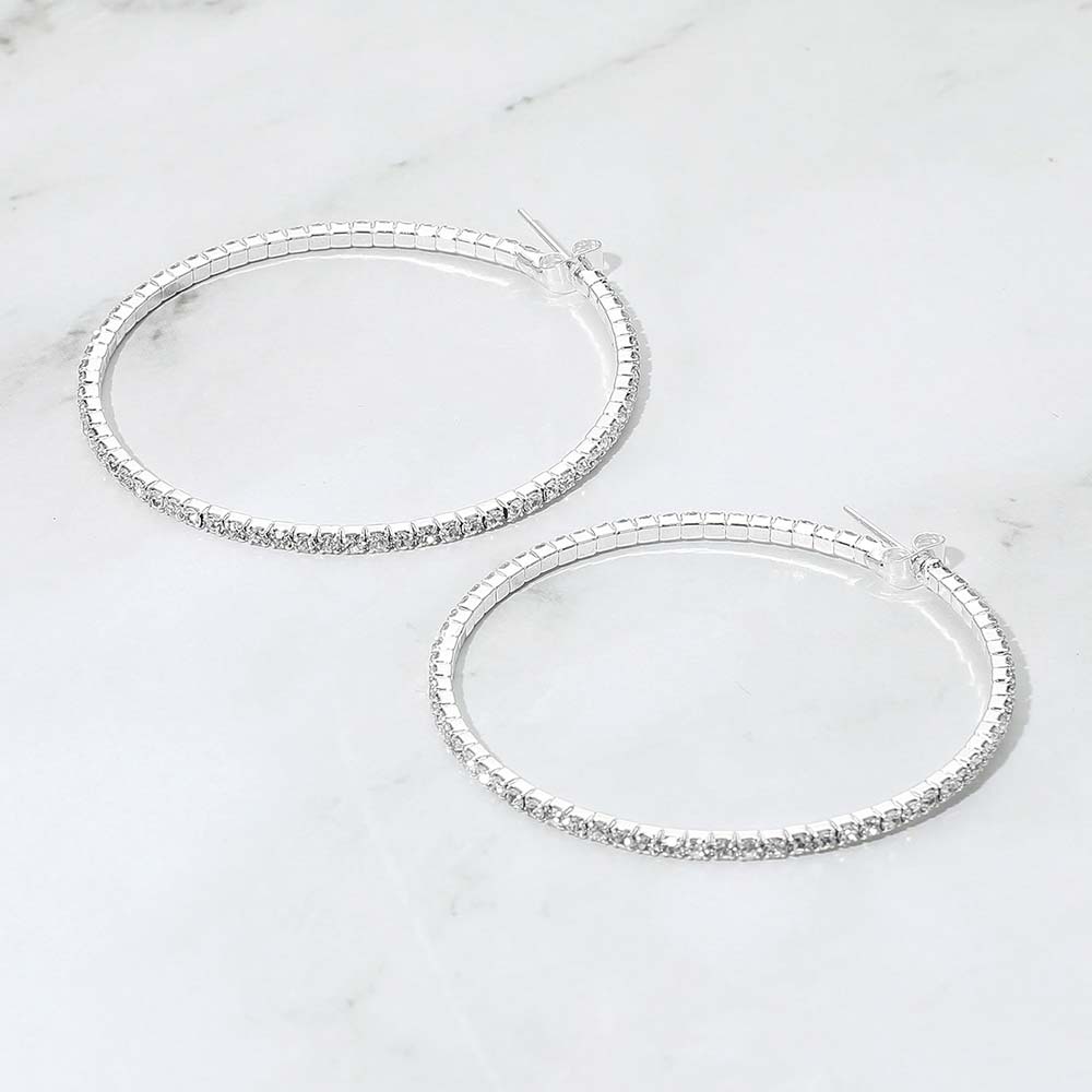 Madeline Love Clear, Silver 50mm Rhinestone Paved Hoop Earrings