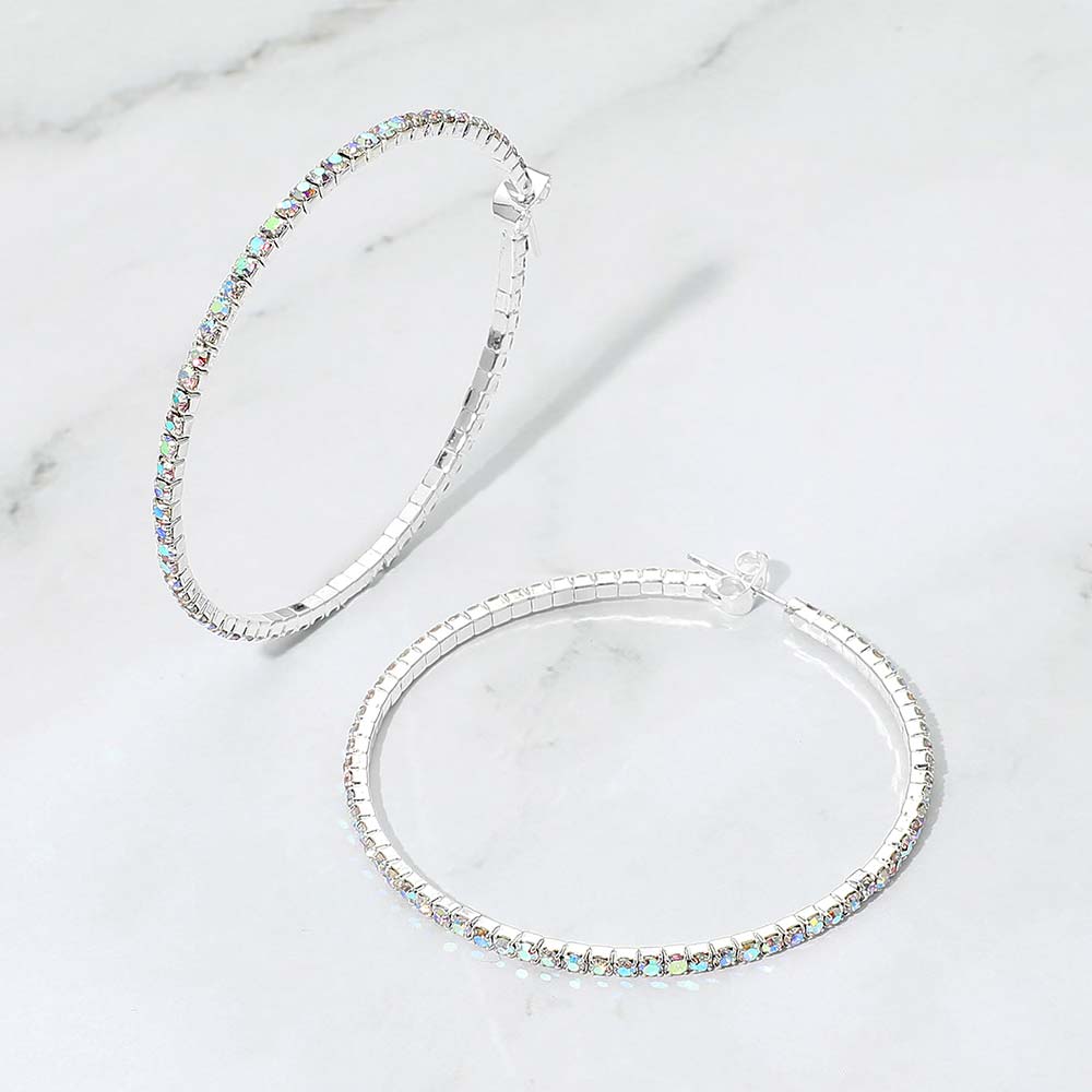 Madeline Love AB, Silver 50mm Rhinestone Paved Hoop Earrings