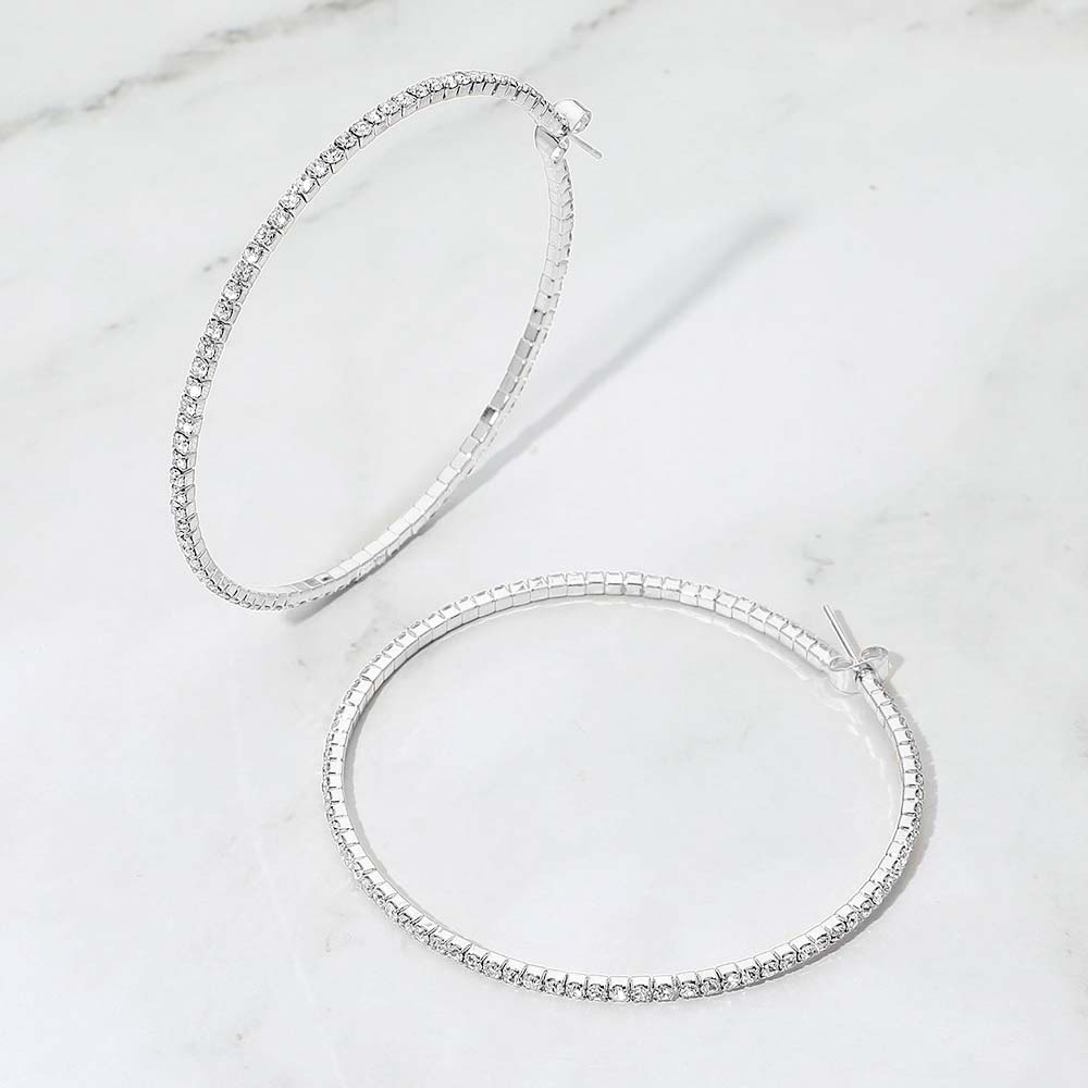Madeline Love Clear, Silver 60mm Rhinestone Paved Hoop Earrings