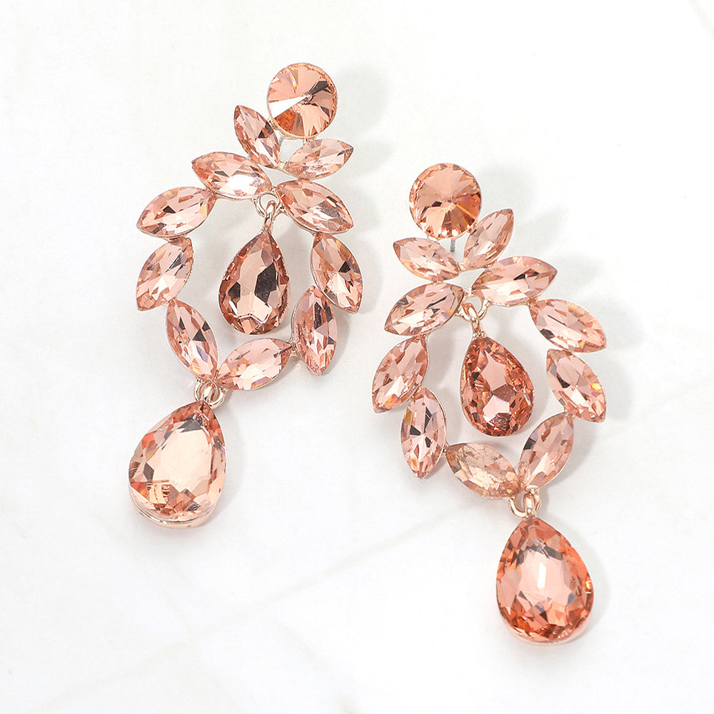 Madeline Love Peach, Rose Gold Marquise Stone Cluster Teardrop Link Dangle Evening Earrings