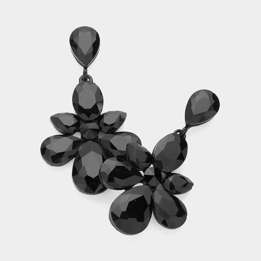Madeline Love Jet Black Multi Stone Cluster Dangle Evening Earrings