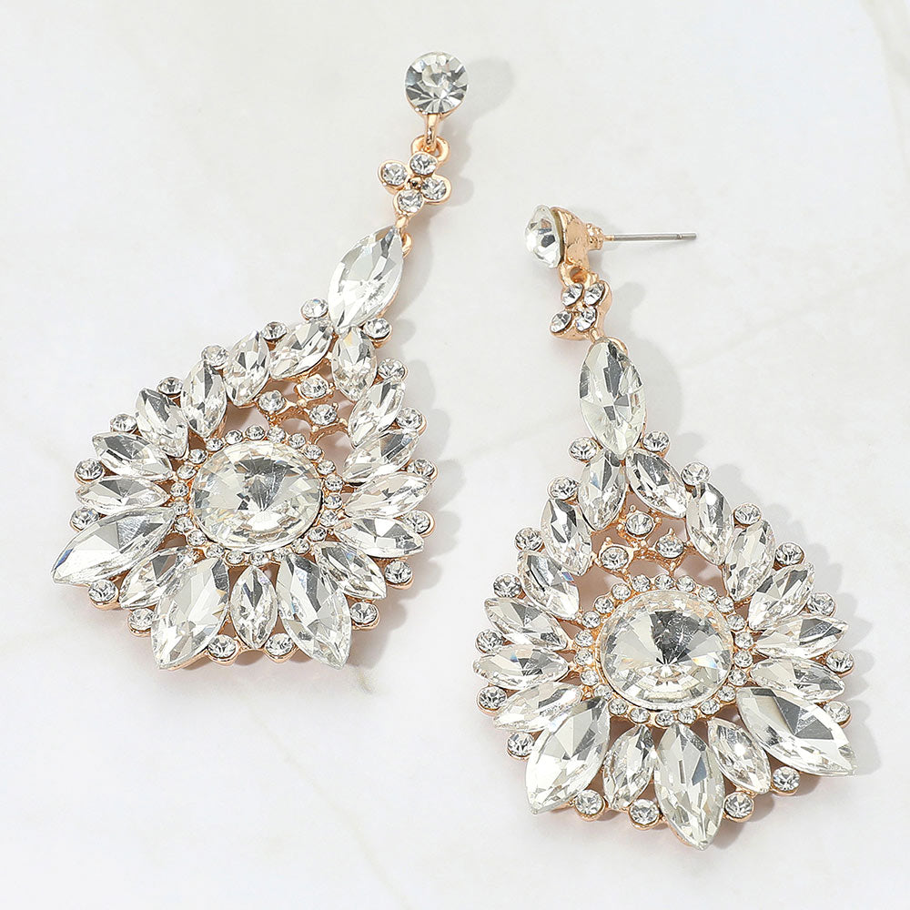 Madeline Love Gold Elegant Marquise Round Stone Cluster Teardrop Evening Earrings