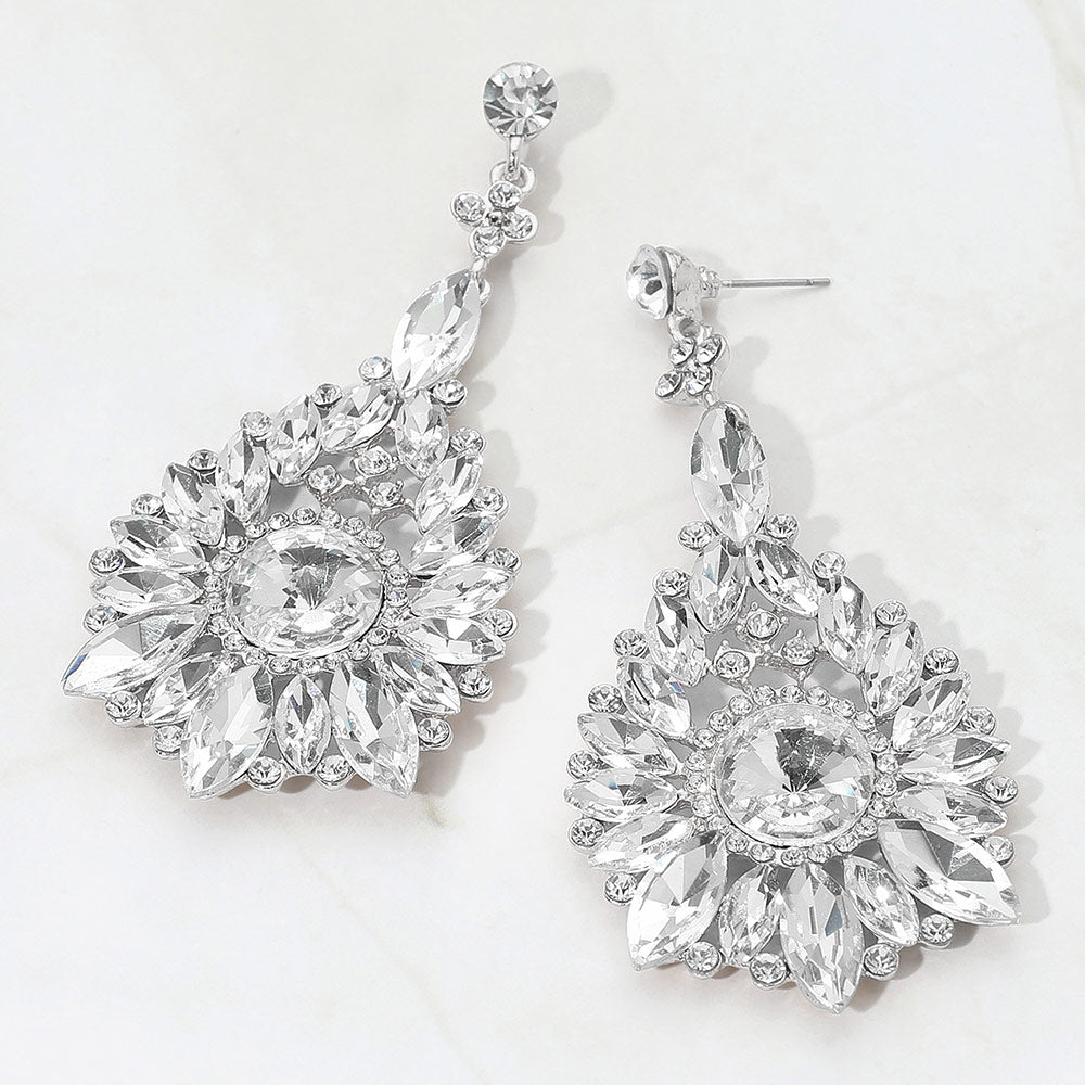 Madeline Love Silver Elegant Marquise Round Stone Cluster Teardrop Evening Earrings