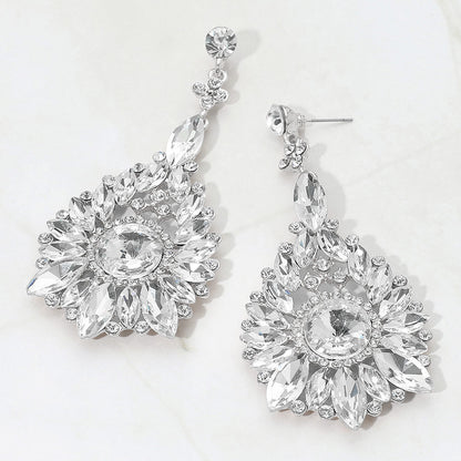Madeline Love Silver Elegant Marquise Round Stone Cluster Teardrop Evening Earrings