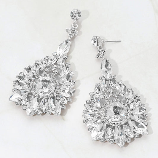 Madeline Love Silver Elegant Marquise Round Stone Cluster Teardrop Evening Earrings