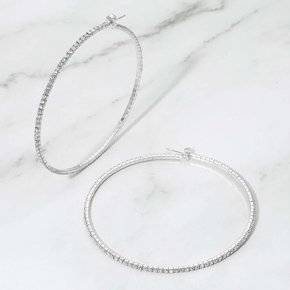 Madeline Love Clear, Silver 70mm Rhinestone Paved Hoop Earrings