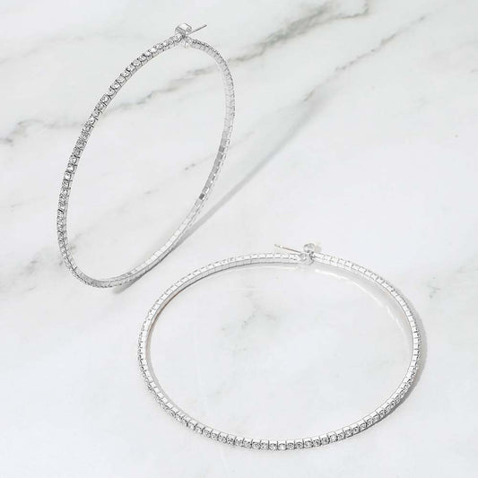 Madeline Love Clear, Silver 70mm Rhinestone Paved Hoop Earrings