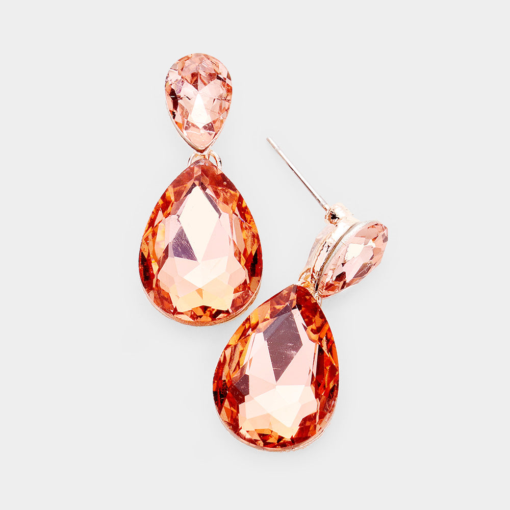 Madeline Love Peach, Rose Gold Teardrop Crystal Drop Evening Earrings