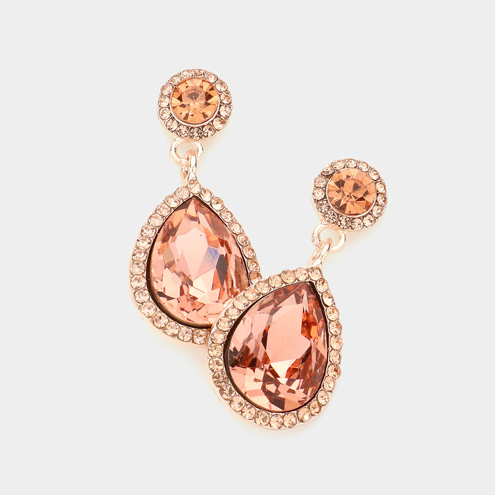 Madeline Love Peach, Rose Gold Rhinestone Trim Teardrop Crystal Evening Earrings