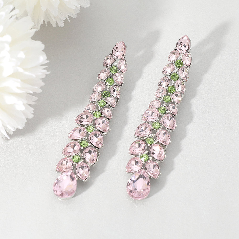 Madeline Love Pink&Green, Silver Teardrop Stone Cluster Vine Dropdown Evening Earrings