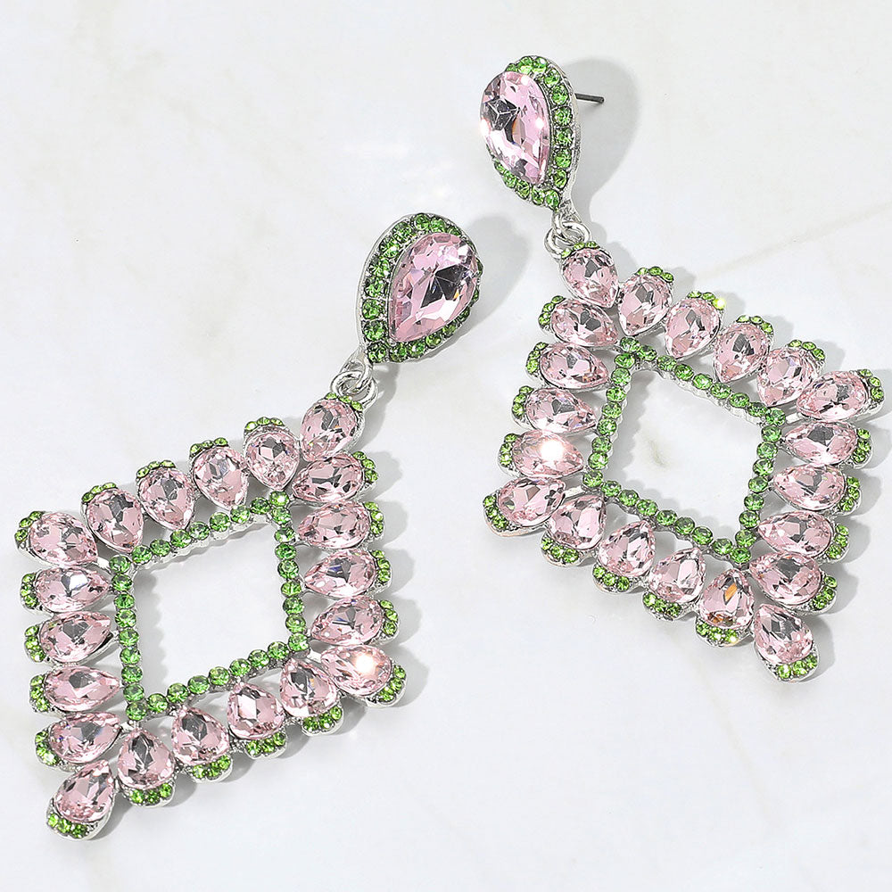 Madeline Love Pink&Green, Silver Teardrop Glass Stone Cluster Trip Open Rhombus Dangle Evening Earrings