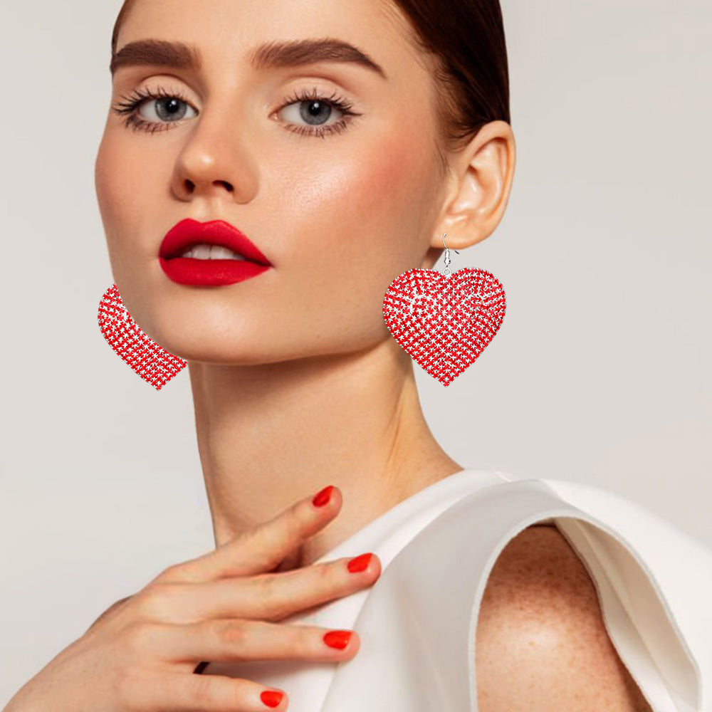Madeline Love Red Rhinestone Heart Dangle Evening Earrings
